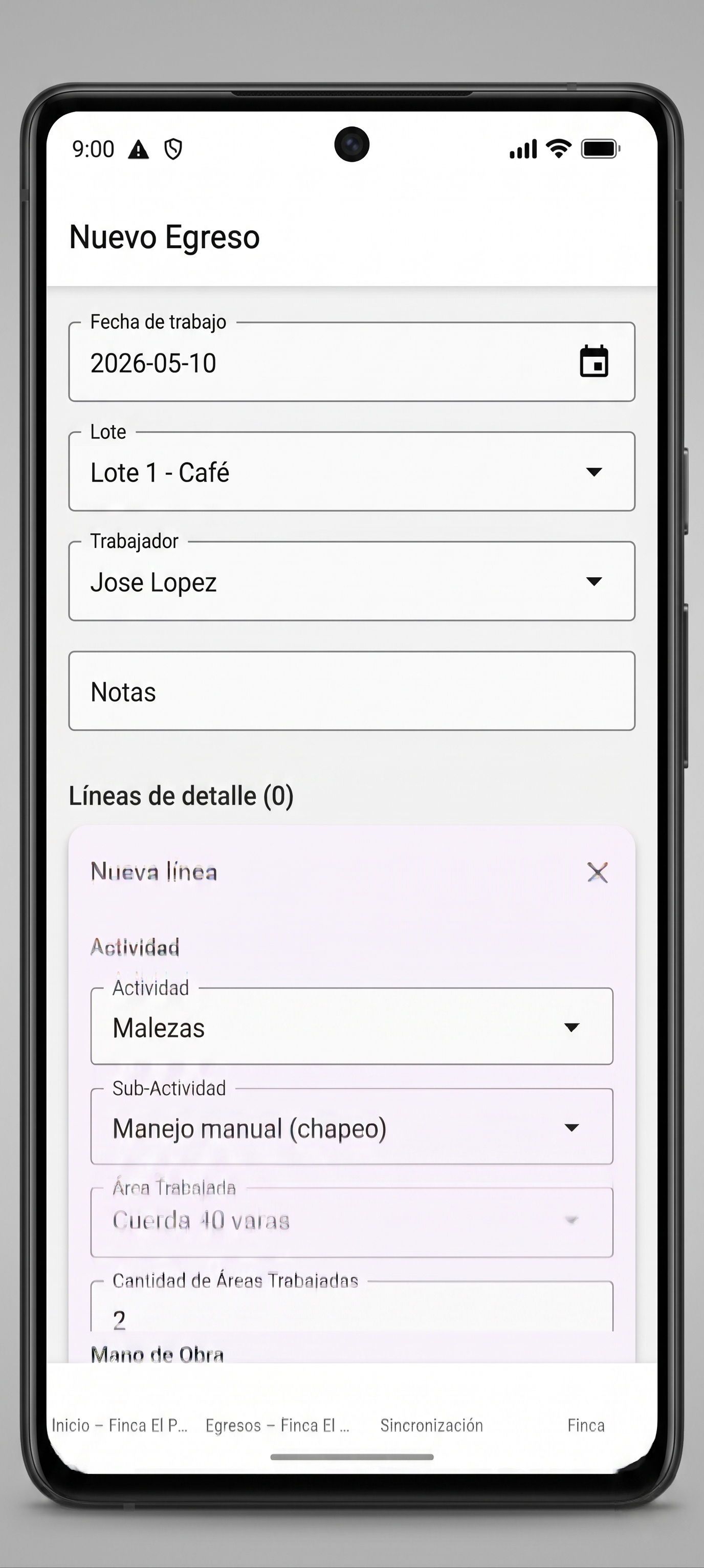 Pantalla de nuevo egreso en Agro-Costos