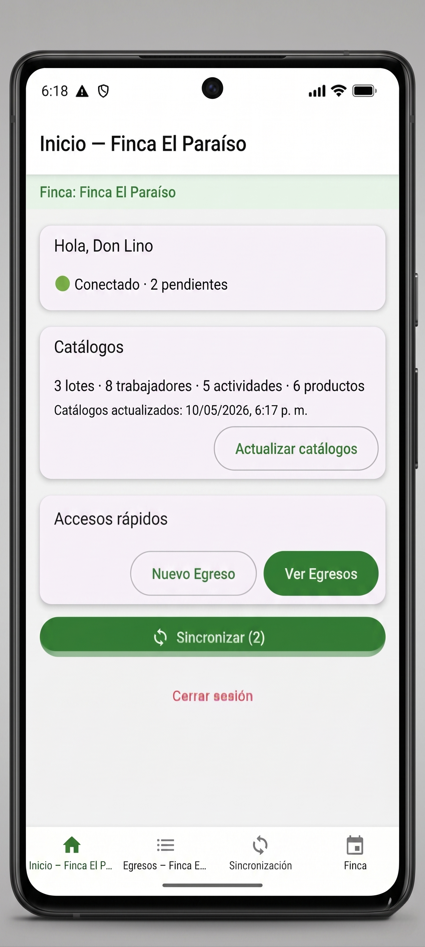 Pantalla de sincronizacion en Agro-Costos